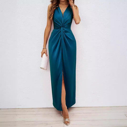 Damen Maxikleid Elegent V-Ausschnitt Schwingend Saum Lang - BerlinGlamour