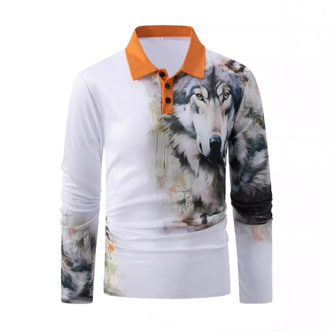 Herren Hemd Langarm Wolfsmotiv Kontrastkragen Modern
