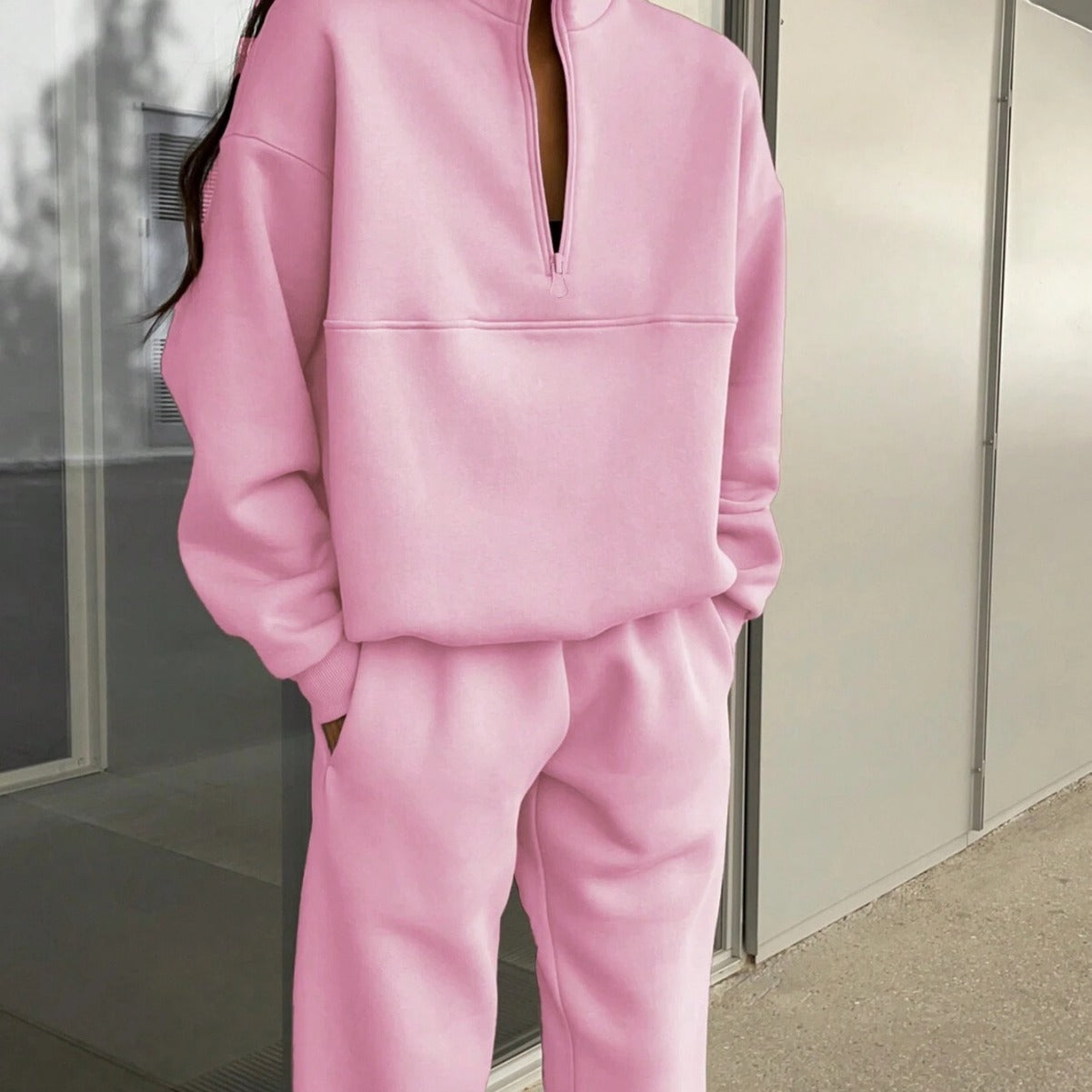 Damen Pullover Oversized Bequem Langarm Mit Halbem Reißverschluss