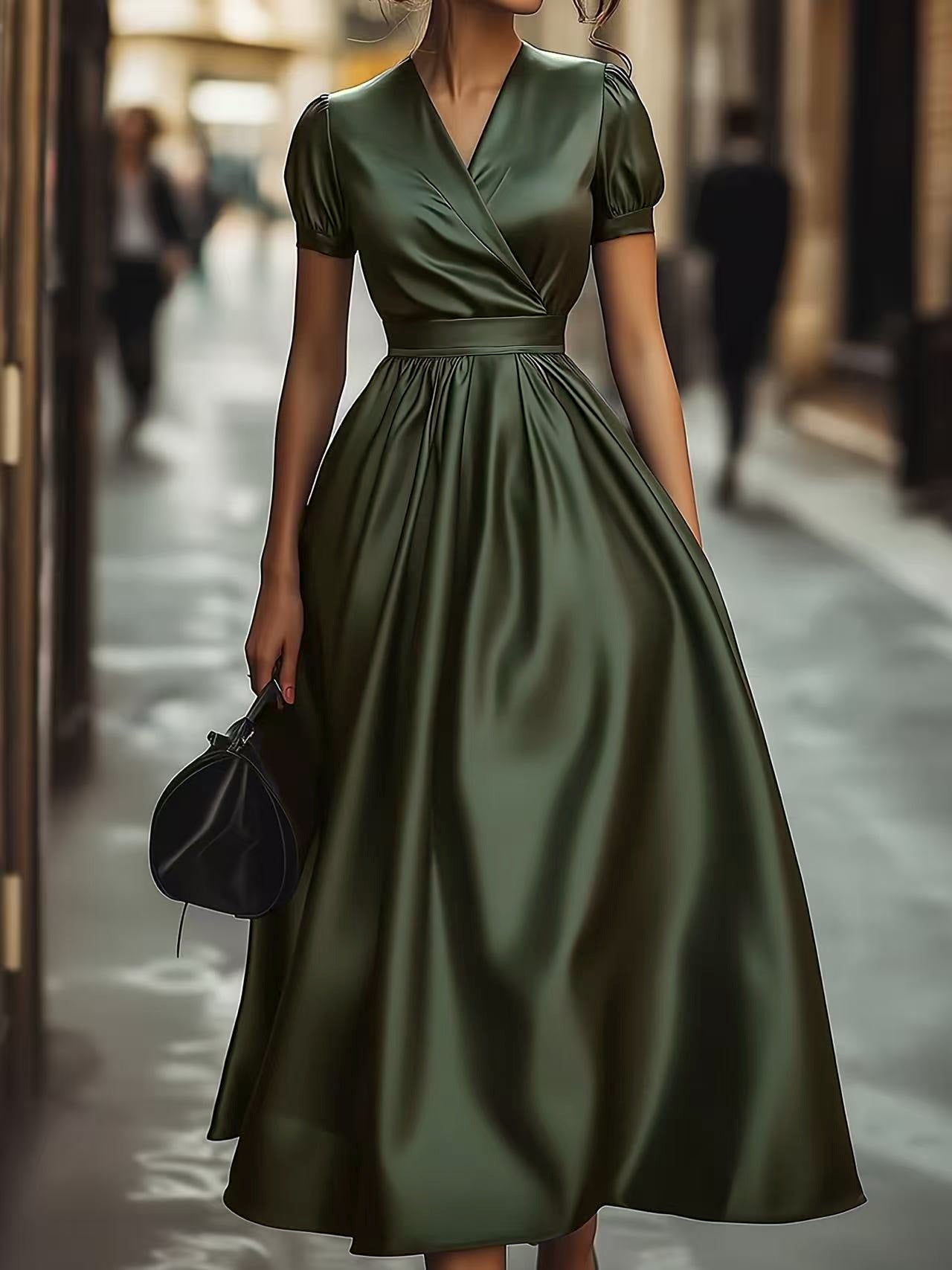 Elegantes Damen Maxikleid Wickeloptik Puffärmel