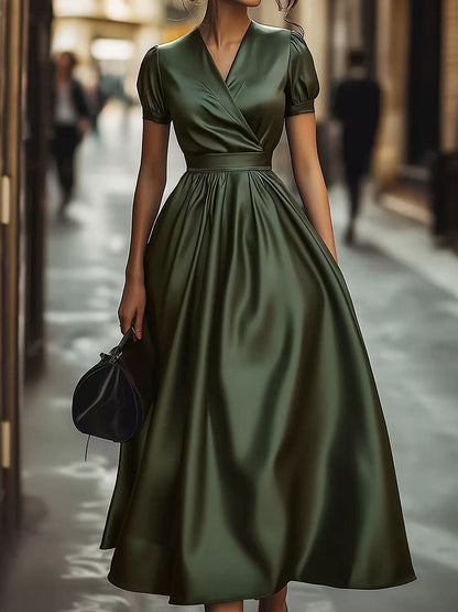 Elegantes Damen Maxikleid Wickeloptik Puffärmel