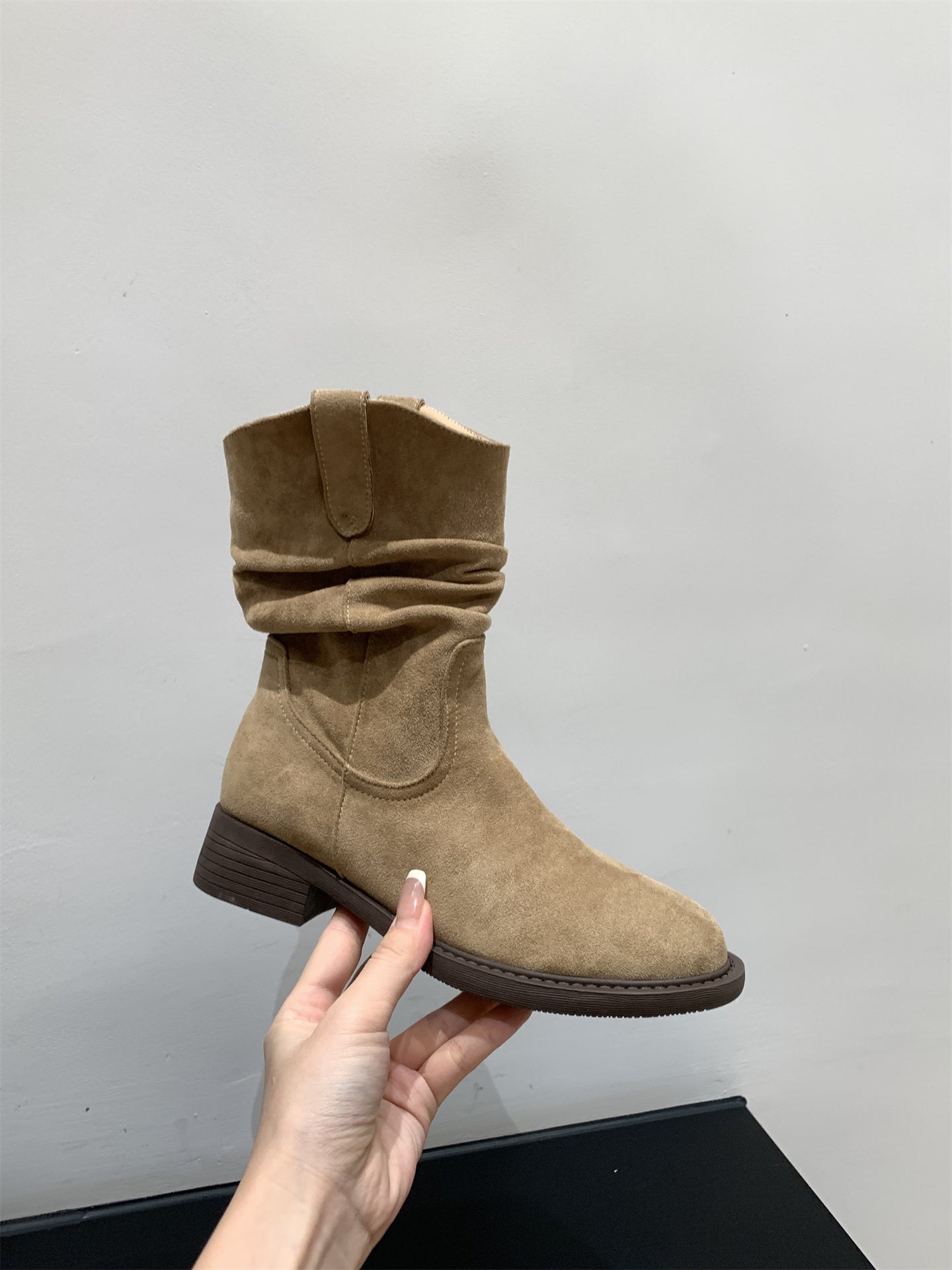 Damen Stiefel Bequem Blockabsatz Geraffter Schaft