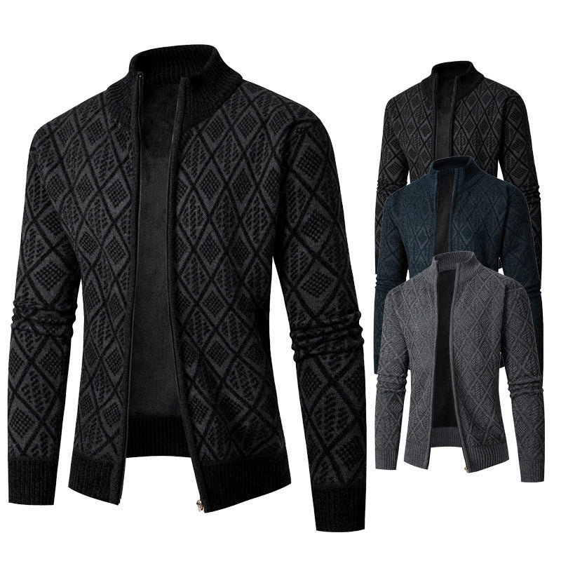 Herren Strickjacke Rautenmuster Hochkragen Modern - BerlinGlamour