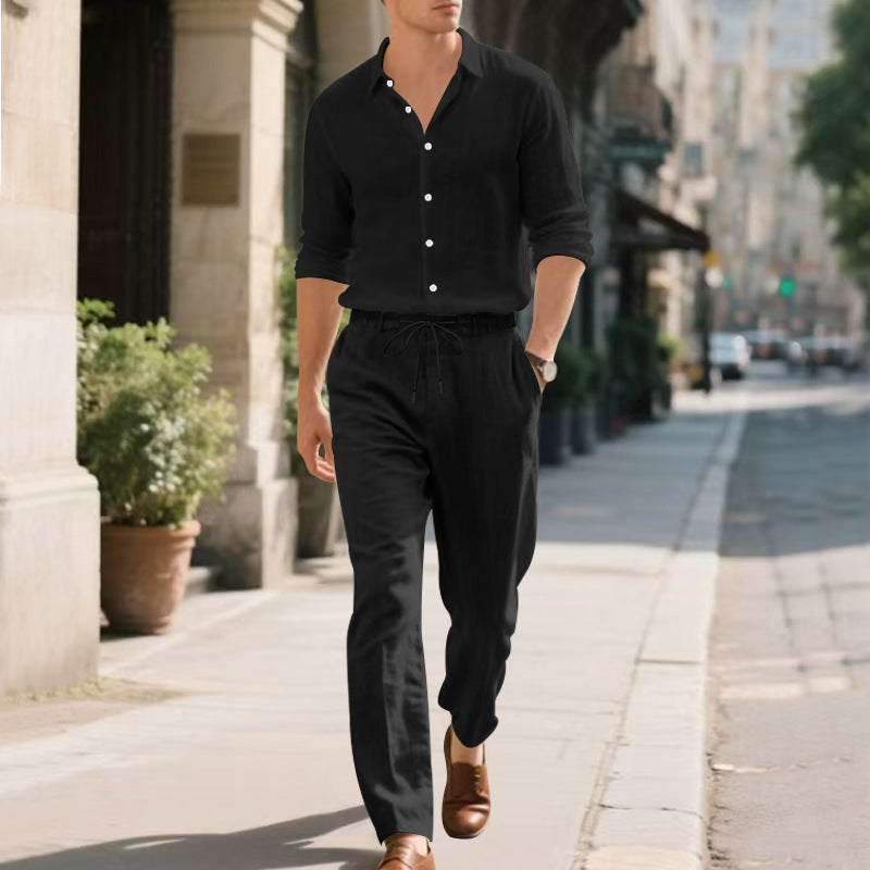 Herren Leinenhose Bequem Elastisch mit Kordelzug