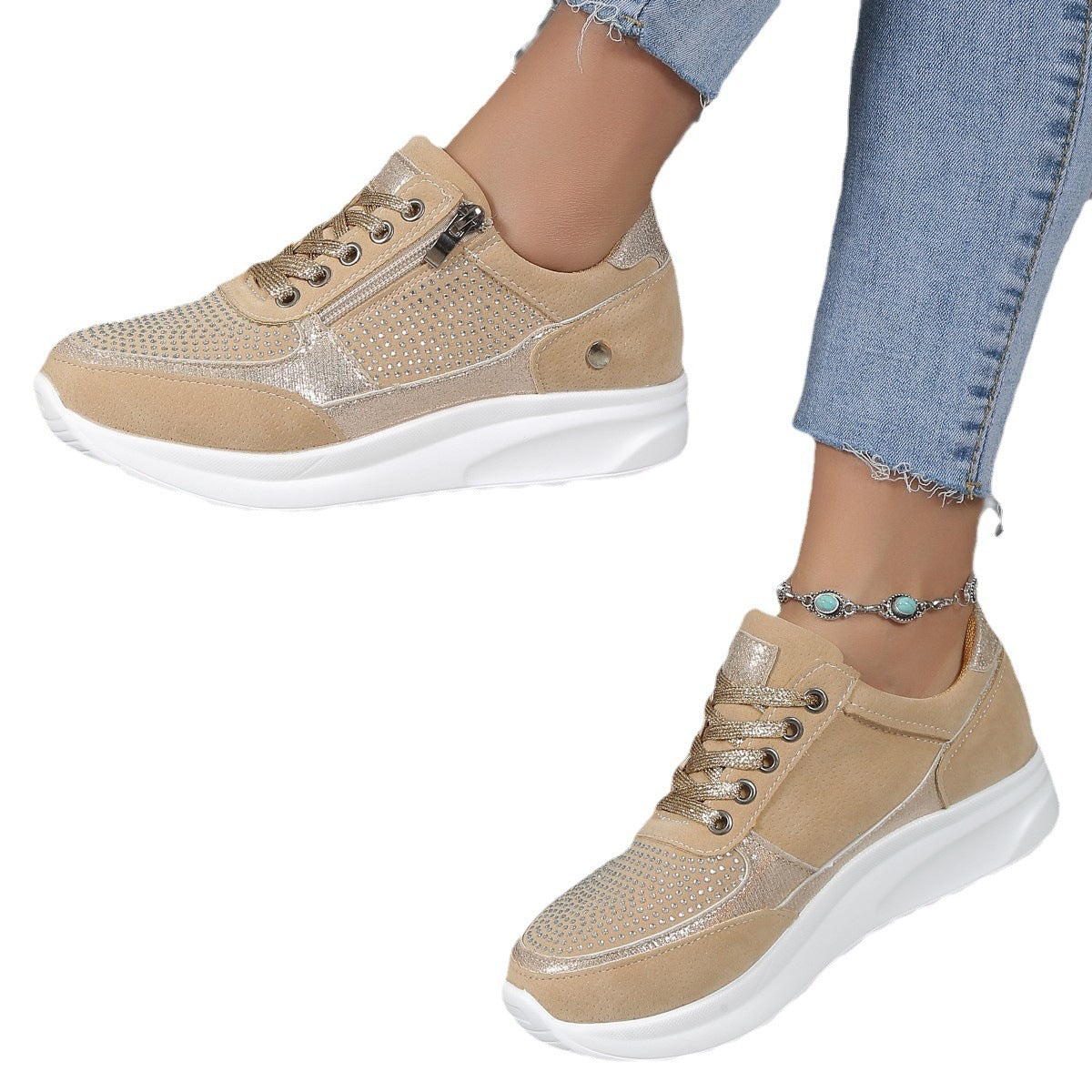 Damen Sneaker Strass Glitzer Reißverschluss Modern