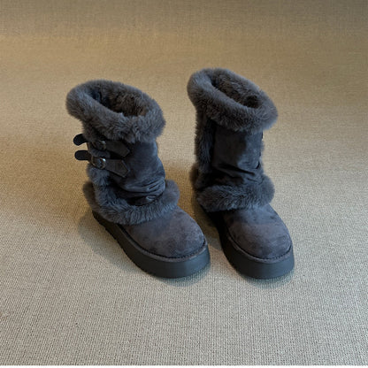 Damen Winterstiefel Kuschelig Kunstfell Doppelriemen