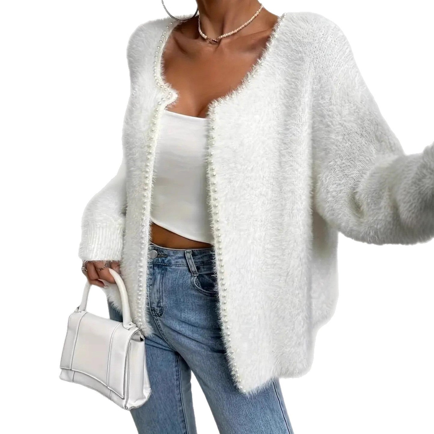 Damen Strickjacke Flauschig mit Perlen Verzierung