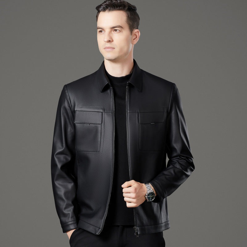 Herren Lederjacke Schwarz Stilvoll Mit Taschen