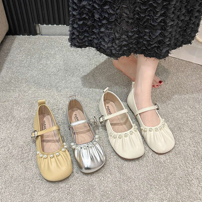 Damen Ballerinas Elegante Riemchen Schuhe Perlmutt Detail