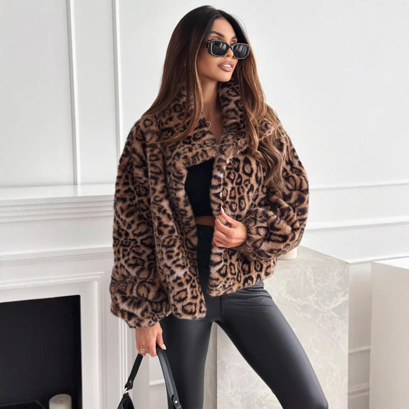 Damen Leopardenjacke Kuschelig Warm Winter