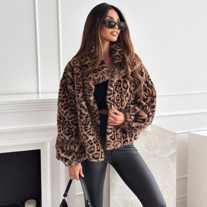 Damen Leopardenjacke Kuschelig Warm Winter