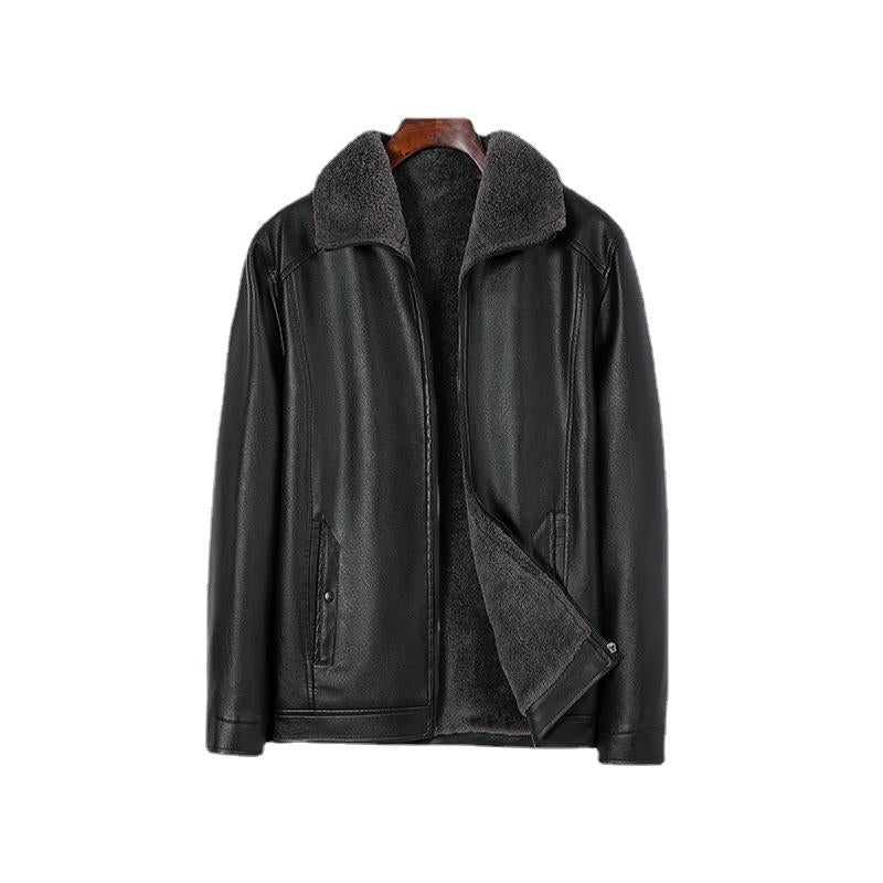 Lederjacke Herren mit Weichem Fleecekragen Schwarz Ledermantel