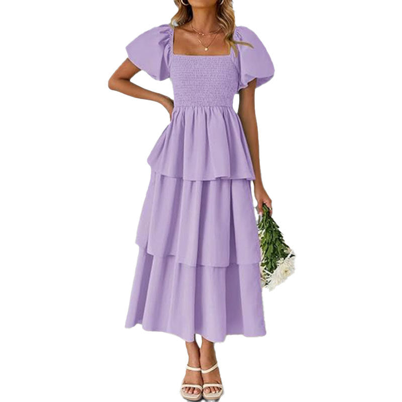 Damen Maxikleid Lang Ärmelig mit Stufenschnitt und Puffärmeln