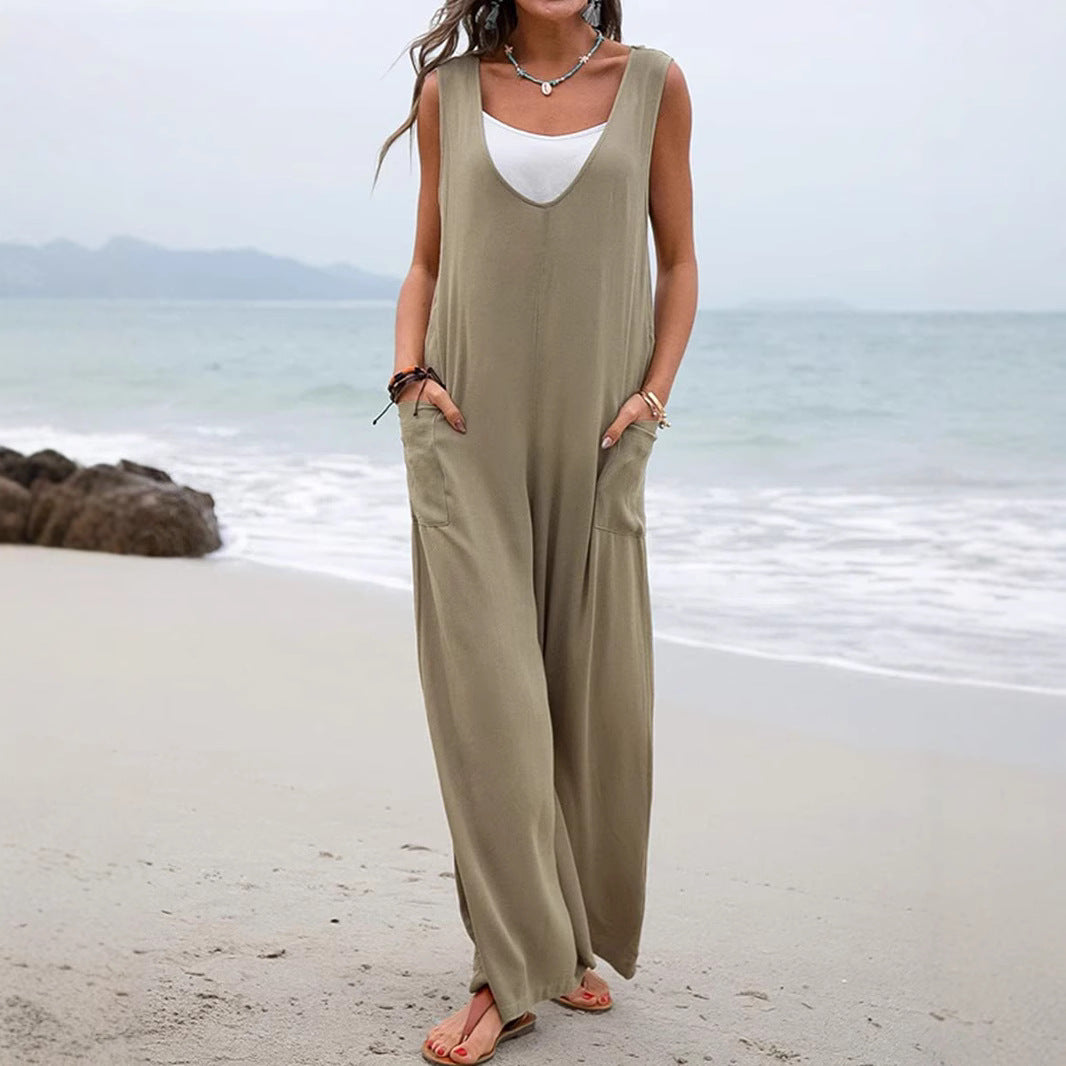 Sommer Jumpsuit Damen Weit mit Taschen und V-Ausschnitt