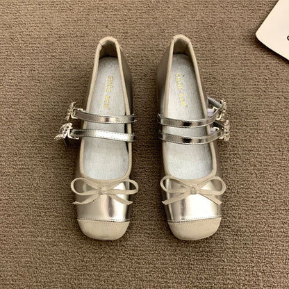 Damen Ballerinas Doppelriemen Schleifendetail Elegant