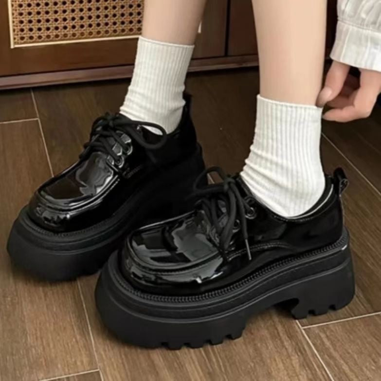 Damen Plateau Schuhe Schnürstiefel Glänzend Elegante Mode