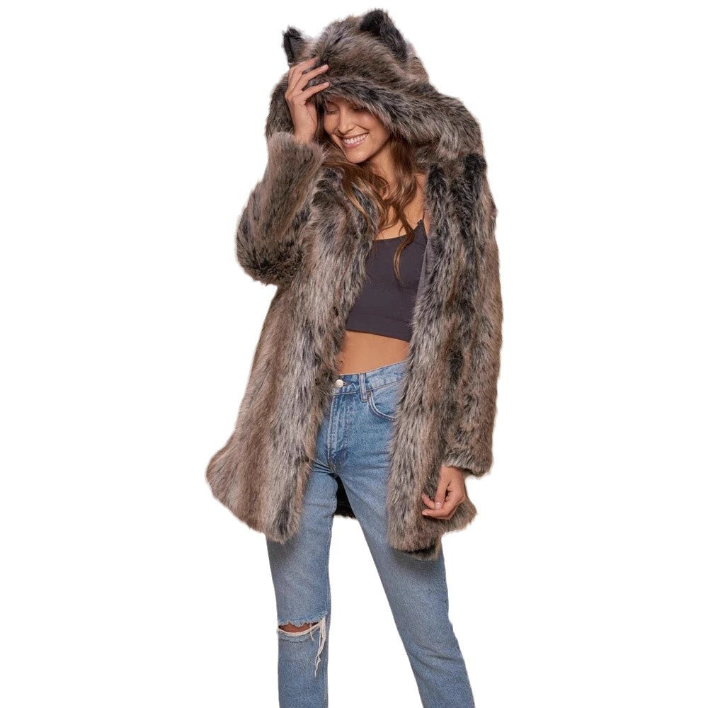 Damen Faux-Fur-Mantel mit Kapuze Warm und Ohrenschützer