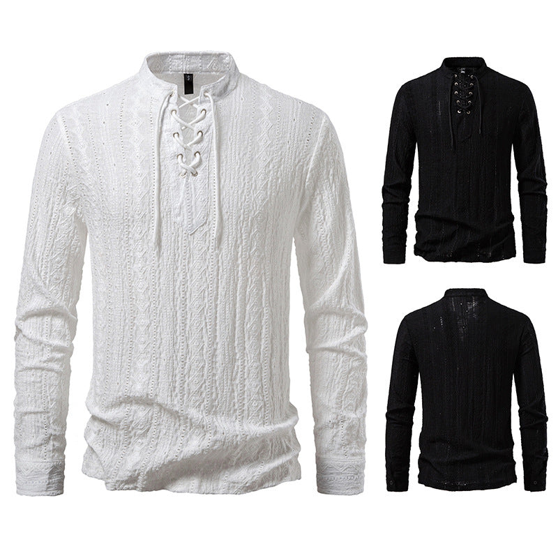 Herren Langarmshirt mit Struktur-Muster und Kordelzug Modern