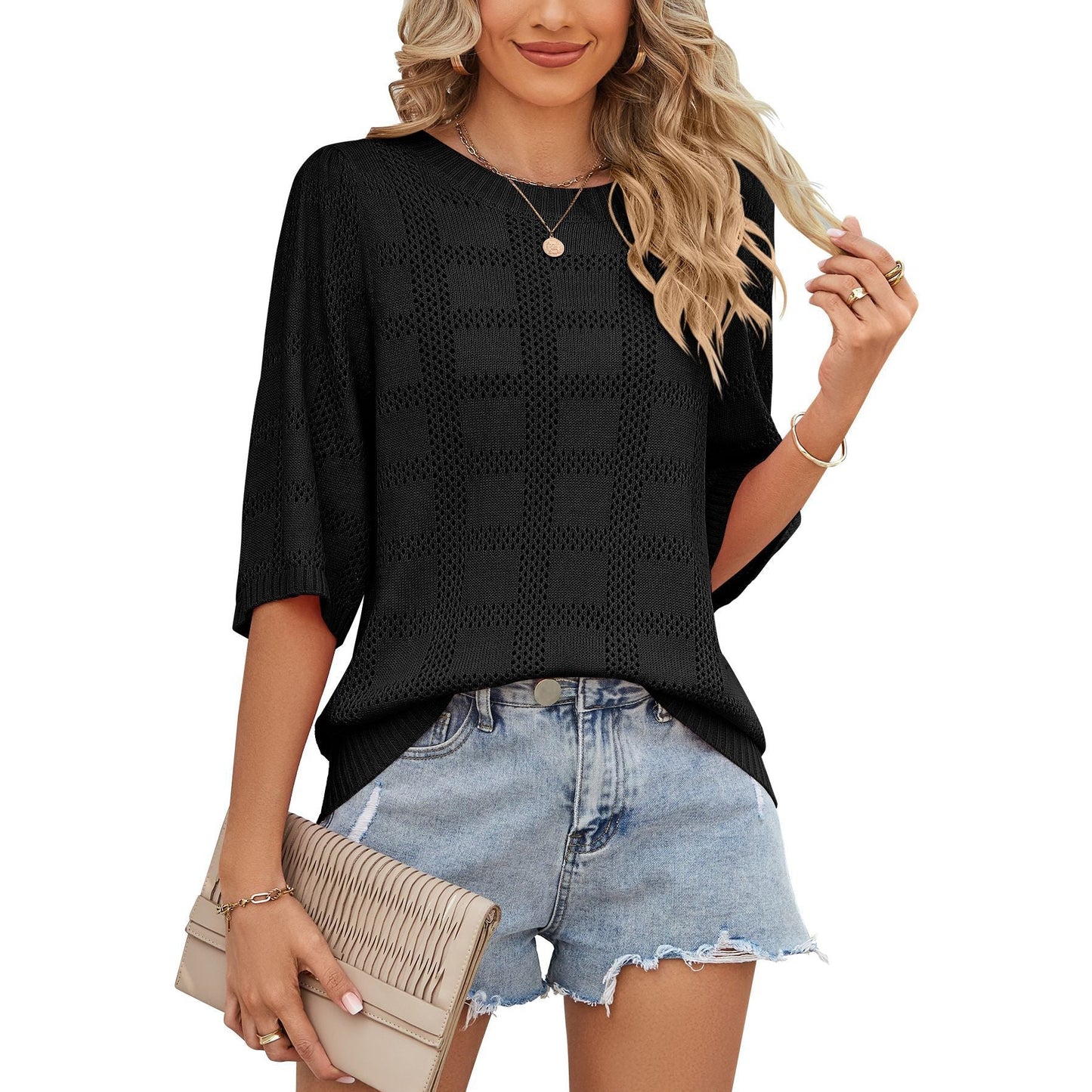 Damen Stricktop Weit Modern Lochmuster Oberteil