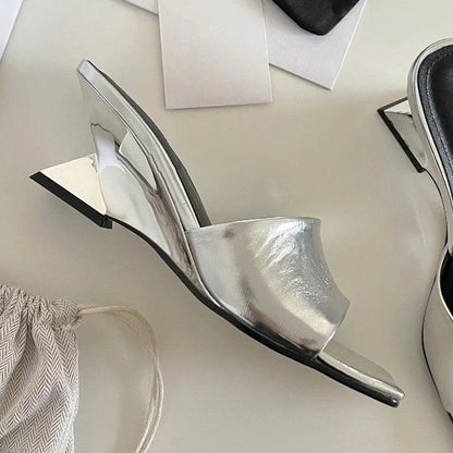 Damen Mules Offen mit Glitzer Obermaterial und Hochem Blockabsatz