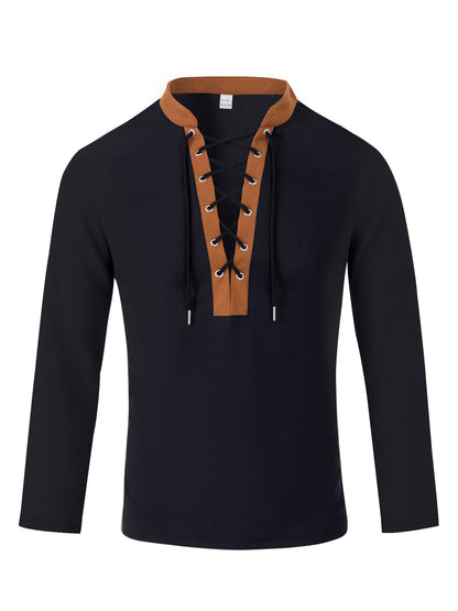 Herren T-Shirt Langarm Modern Schnürung Melange Look