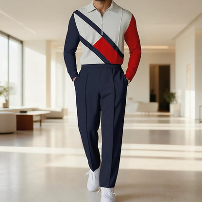 Herren Langarmshirt Modern mit Reißverschluss Blockdesign