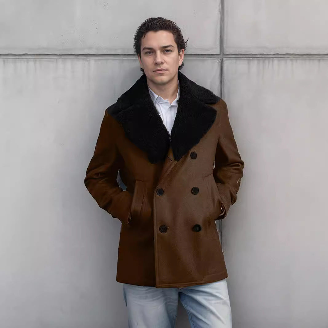 Herren Wollmantel Doppelreihen Teddyfellkragen Modern - BerlinGlamour
