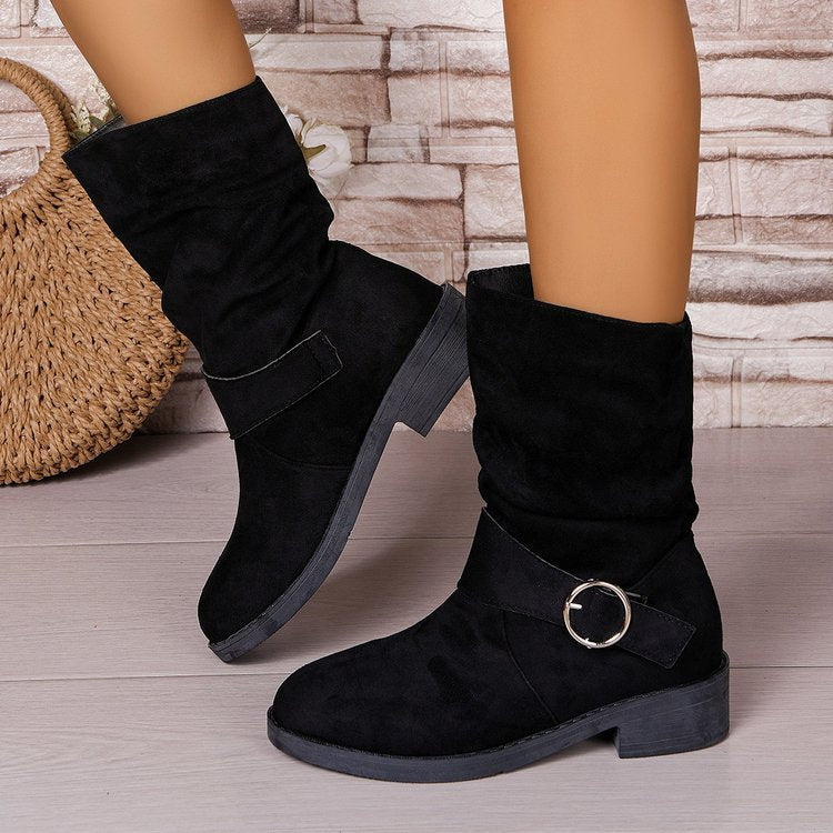 Damen Stiefeletten Mit Falten-Design Und Dekorativem Riemen