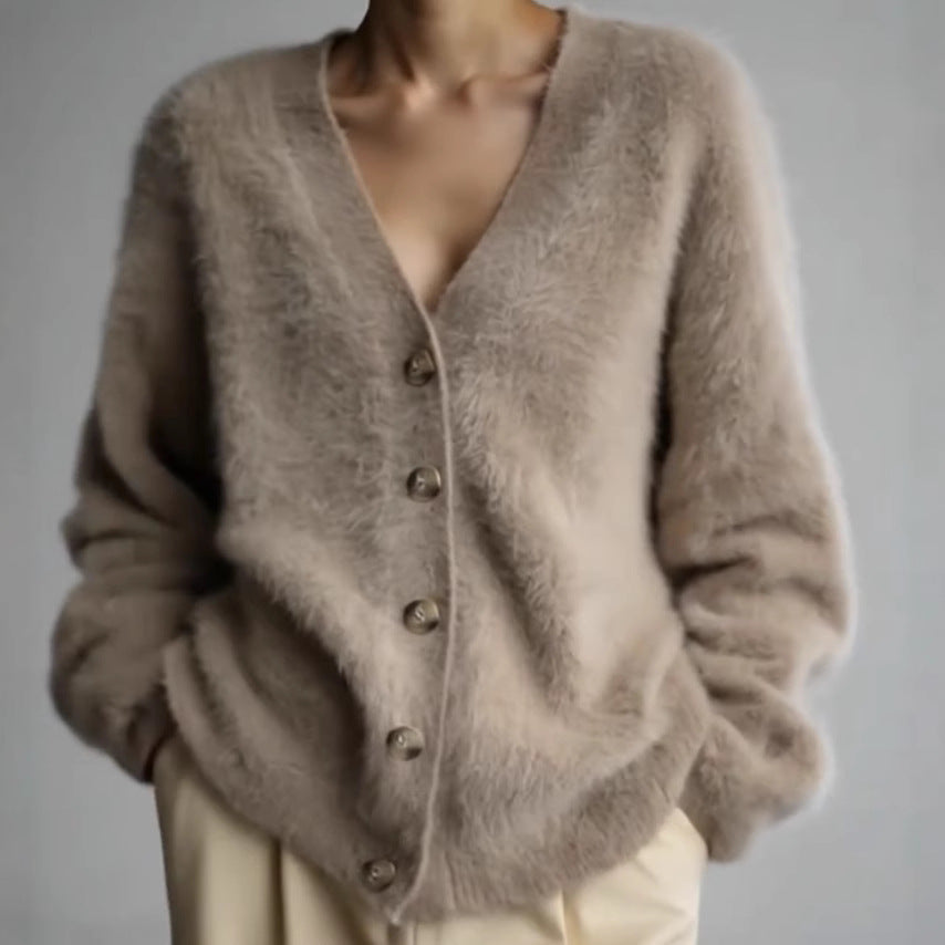 Damen Strickjacke Flauschig V-Ausschnitt Große Knöpfe