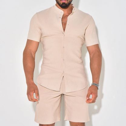 Herren Kurzarm-Hemd Modern mit Struktur und passende Shorts Sommer - BerlinGlamour