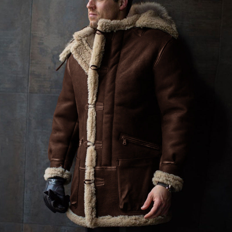 Lammfell-Mantel Herren Warm mit Kapuze und Taschen