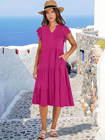 Damen Maxikleid mit Rüschendetails und Taschen Sommerkleid
