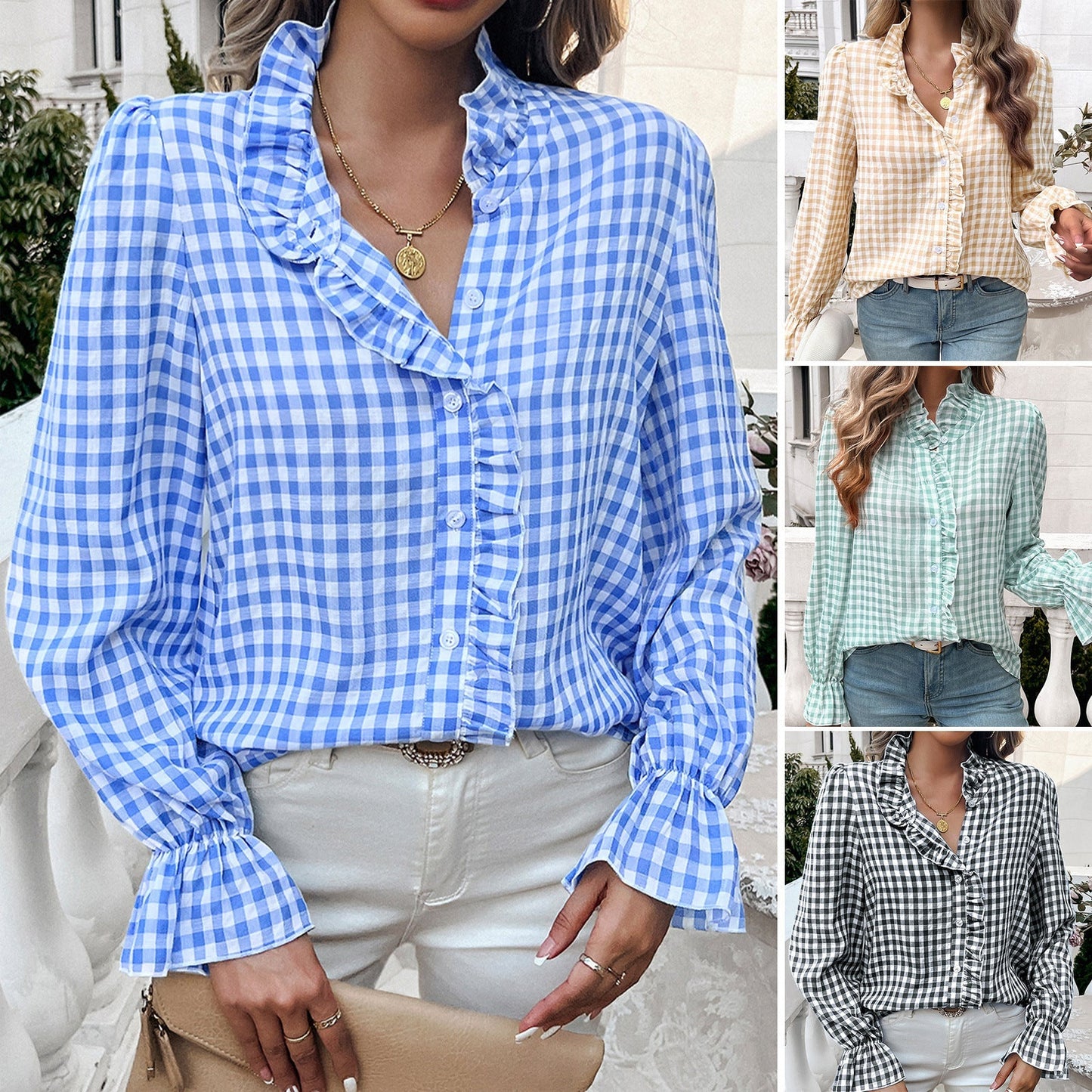 Damen Bluse Kariert mit Rüschen und Knöpfen Trendig - BerlinGlamour