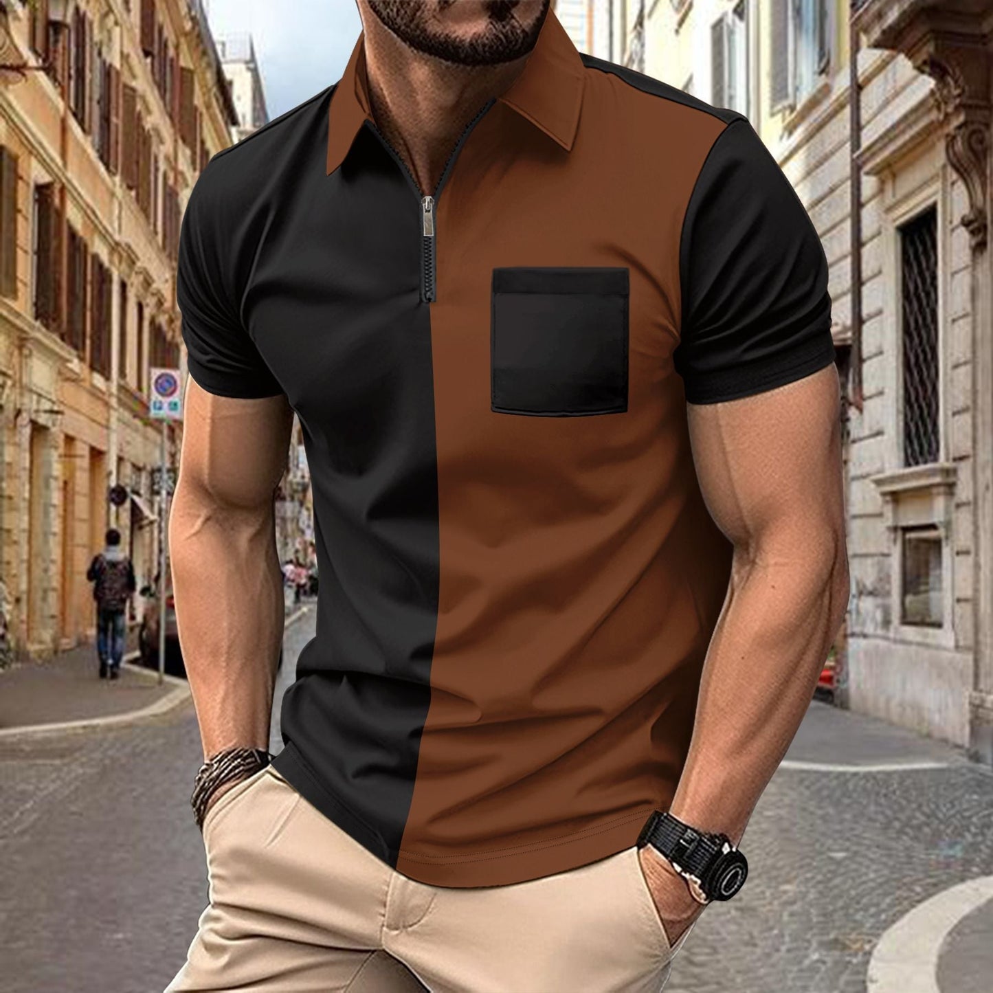 Herren Polohemd Modern Zip Kragen mit Brusttasche