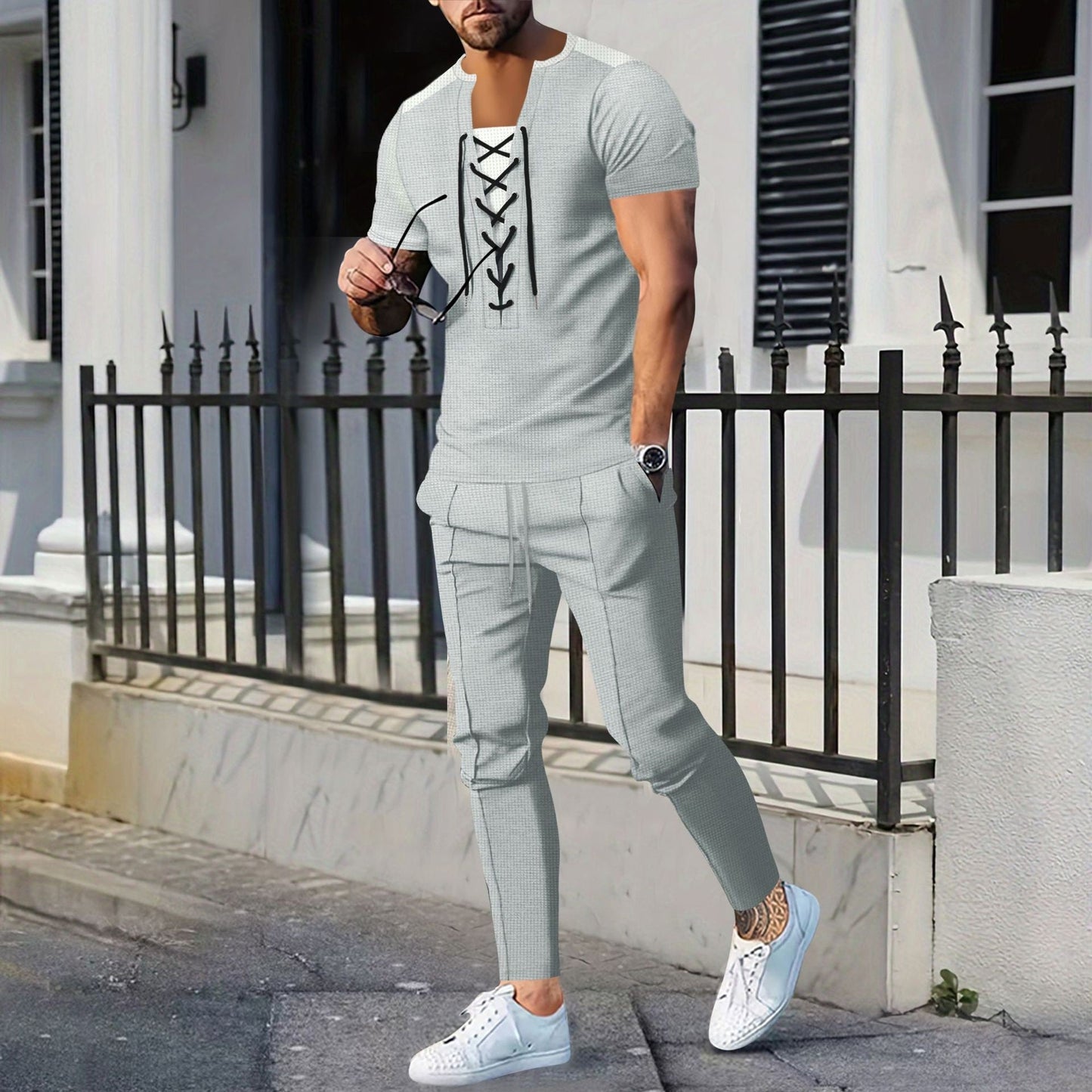 Herren T-Shirt Kurzarm Modern mit Schnürung und Struktur