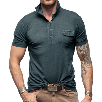 Herren Polohemd Modern Stehkragen Knopfverschluss Schwarz