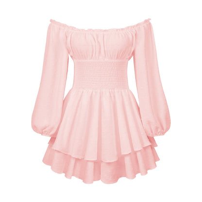 Damen Off-Shoulder Kleid Voluminös Ärmel Lange Frauenkleid Elegant
