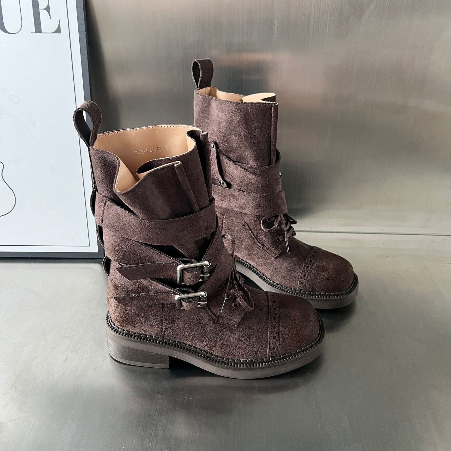Damen Stiefel Elegante Schnalle Riemen Verstellbar Schwarz