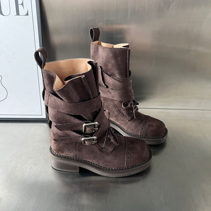 Damen Stiefel Elegante Schnalle Riemen Verstellbar Schwarz