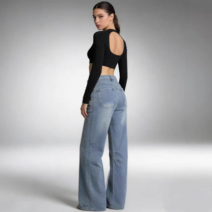 Damen Jeanshose Weit Bequem Mit Nähdetails