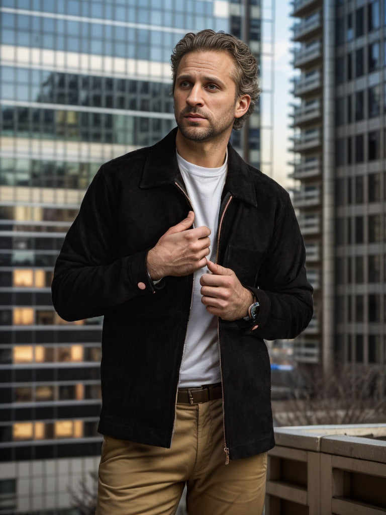 Herren Lederjacke Wildleder Stehkragen mit Taschen Casual