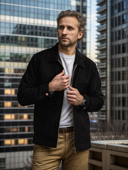 Herren Lederjacke Wildleder Stehkragen mit Taschen Casual