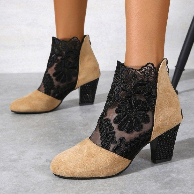 Damen Stiefeletten Spitze Schuhe Komfortabsatz Blockheel - BerlinGlamour
