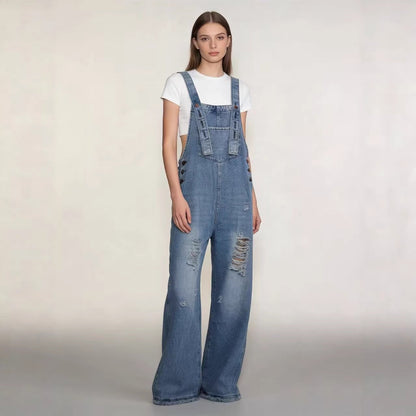 Damen Latzhose Jeans Weitbein Riss Effekt