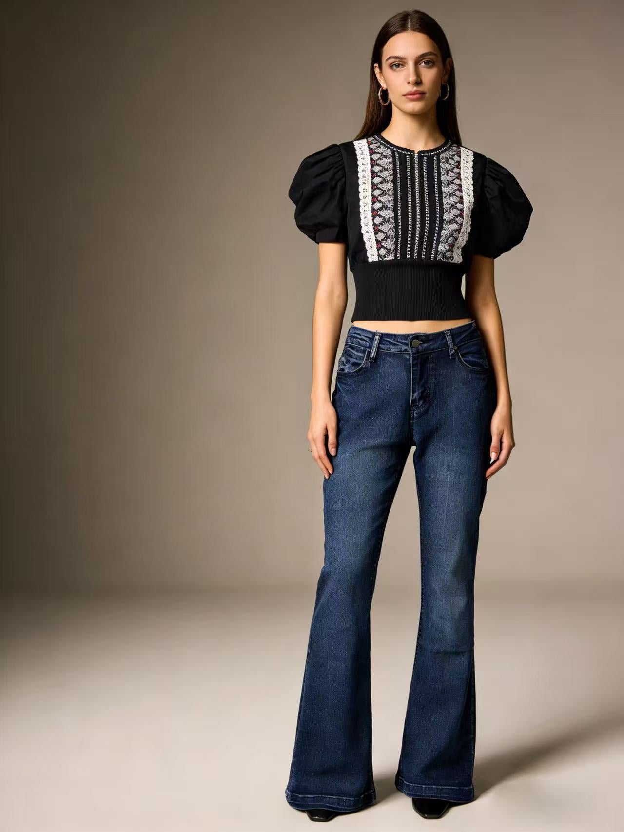 Damen Bluse Elegant Puffärmel Stickerei Kurz