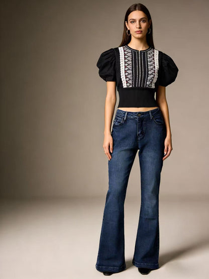 Damen Bluse Elegant Puffärmel Stickerei Kurz