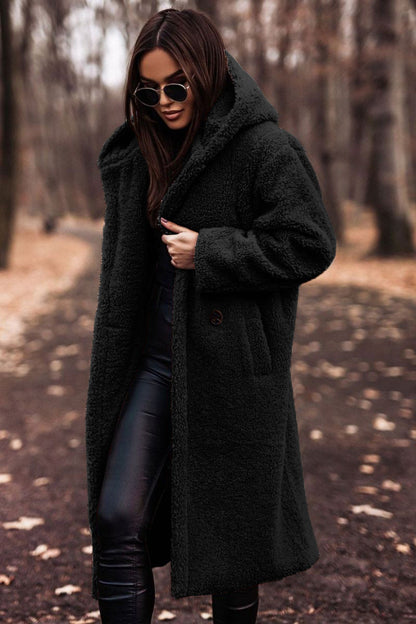 Damen Teddyjacke Oversized Kuscheljacke mit Kapuze