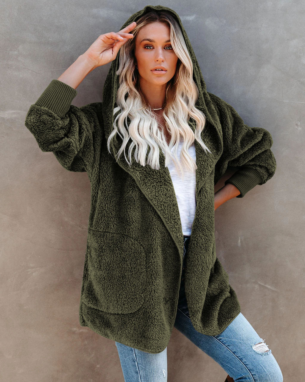 Damen Kapuzenjacke Warm Flauschig mit Taschen