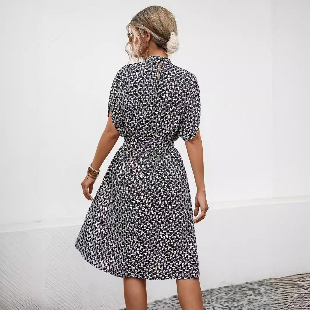 Damen Kleid Bogenmuster Hochkragen Mit Gürtel Elegant
