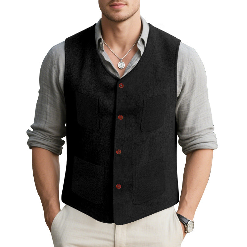 Herren Wollweste Stilvolle Knopfleiste mit Taschen